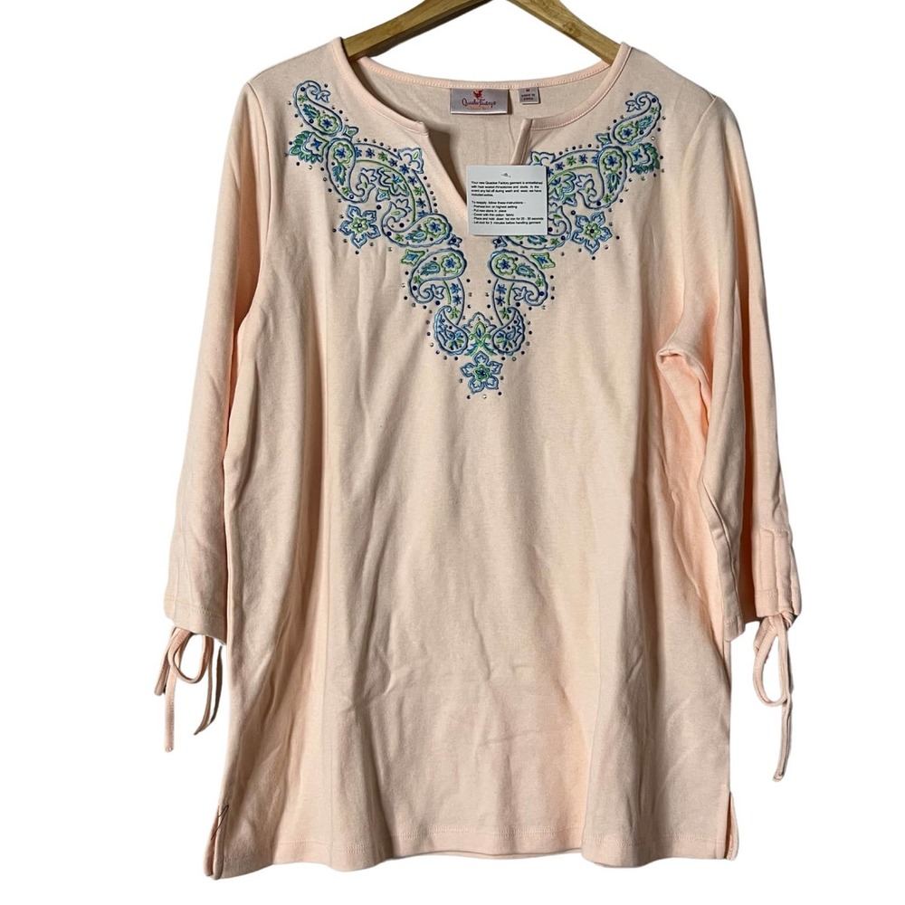 QUACKER FACTORY Embroidered Floral Paisley Top with Ruched Sleeves Pearl Blush M
